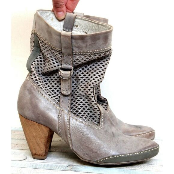 VIRUS PORTUGAL GRAY PERFORATED GENUINE LEATHER MED HEEL SLOUCHY BOOTS 9 39 - Picture 2 of 8